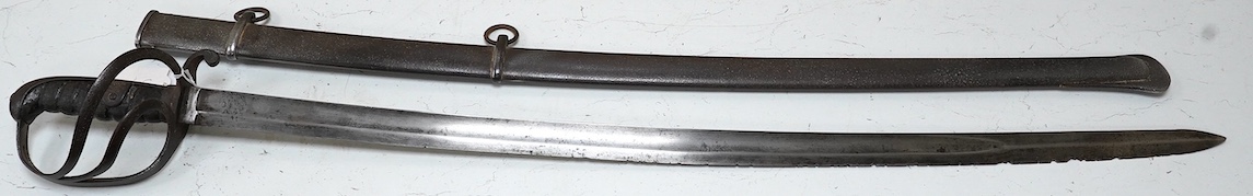 An 1821 pattern British light cavalry trooper’s sword with scabbard, blade 88.5cm. Condition - fair, pitted and with edge nicks to blade